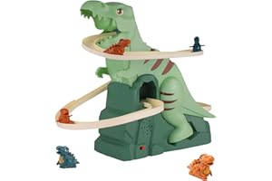 runpeak Dino Achterbahn Spielzeug - Dinosaurier Spielzeug mit achterbahn, Kinderrutsche und Slide Spiel, Elektrischer Treppensteiger mit Klappbarer Bahn, Bewegliche Dinos, Blinkendes Licht und Musik