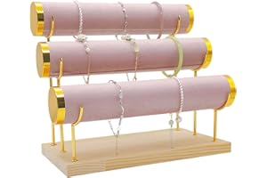 TINGSING 3 Tiers Bracelet Holder Organizer Detachable Bracelet Display Stand, Velvet Bangle Storage Rack with Wooden Tray, Watch Holder for Women, for Bracelet, Necklace, Hairband, Scrunchies, Pink