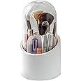 FOKRIM Makeup Brush Holder Organizer with Lid 360 Rotating Dustproof Makeup Brushes Container with Clear Acrylic Cover, Spinning Cosmetics Holders Storage Cup for Vanity (Round)