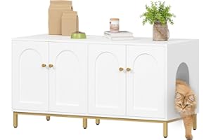 Hzuaneri Maison de Toilette Chat pour 2 Chats, Meuble de Litière Caché de 119cm, Banc de Rangement, Convient à la Plupart des Litières por, Blanc et Or CB82313A