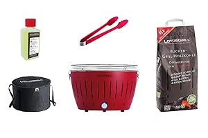 LotusGrill Zestaw startowy 1 x grill ognioczerwony ze złączem USB, 1 x węgiel drzewny bukowy 2,5 kg, 1 x pasta do opałów 200 ml, 1 x szczypce do kiełbasek (kolor w zależności od zapasów), 1 x torba