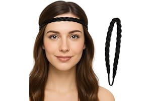 WOO GIRL 2er Set geflochtenes Stirnband mit Gummizug – Kunsthaar in Echthaar-Optik – elastisches Haarband für Mädchen & Damen – schwarz (SCHWARZ)
