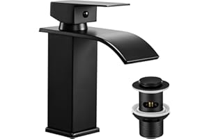 Peppermint Basin Taps Mixers Waterfall Matte Black with Slotted Pop-up Waste Bathroom Sink Mixer Tap Square Monobloc 1 Hole with G1/2'' Hoses Modern Cloakroom Taps Mono Lead-Free Stainless Steel