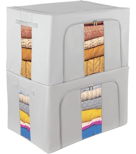 BOUDOI Storage Boxes Organiser,3 Pack Clothes Storage Boxes With Double Opening Zip Clear Window＆Steel Frame,Foldable＆Waterproof Wardrobe Fabric