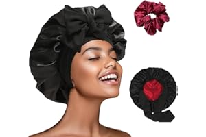DAJOOEE Gorro de seda para dormir con goma para el pelo para mujer, gorro de seda, gorro de dormir de satén, Negro , talla de un talla-M