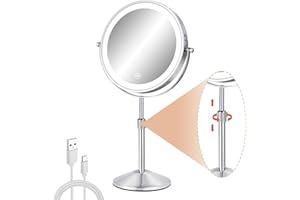 FFowcye Makeup Mirror with Lights and Magnification, 8" Adjustable Brightness & Height 1X/10X Magnifying Mirror LED 360° Rotation Touch Screen Vanity Mirror, Cosmetic Light up Mirror for Women