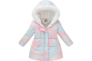 SRTUMEY Kids Girls Long Woolen Collar Hooded Puffer Jacket Girl High Waisted Printed Cotton Padded Coat Winter Thick Fleece Lined Jacket