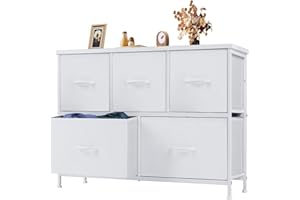 ‎DUMOS DUMOS Antonia Kommode für Schlafzimmer mit 5 Stoffschubladen, kleine Kommode Organizer Einheiten für Kleidung, Schrank, Kinderzimmer, Aufbewahrungsturm mit Schrank, Metallrahmen, Holzplatte, leichte