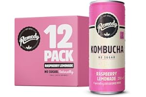 Remedy Kombucha Tea - Raspberry Lemonade - Sparkling Live Cultured Drink - Naturally Sugar Free Soft Drink - Prime Probiotic Drink for Gut Health - 12 x 250ml