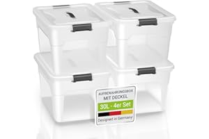 Juskys Aufbewahrungsbox mit Deckel - 4er Set Kunststoff Boxen 30l - Box groß, stapelbar, transparent - Aufbewahrung Ordnungssystem Aufbewahrungsboxen