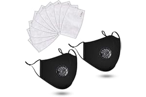 H&S PROFESSIONAL Pack of 2 Cotton Dust Protective Face Mask with Breathable Filter and 5x Carbon Air Filters - Washable & Reusable Soft Mouth Protector with Adjustable Straps (Black)