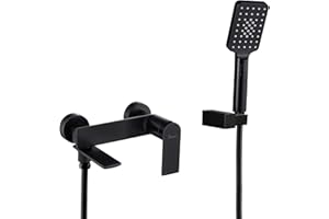 PHASAT Robinet de Baignoire Noir, Robinet de Baignoire Mural avec, Douche à Main Mitigeur pour, Salle de Bains en Laiton PTBB03