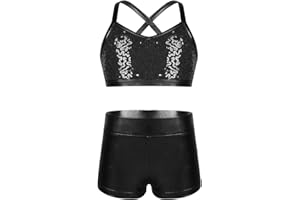 Alvivi Conjunto Brillante de Danza Gimnasia para Niñas Crop Top y Leggings Cortos de Elásticos Maillot de Deportivo Gimnasio Patinaje Yoga 6-14 Años