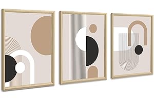 FAJERMINART 3 Pcs En bois Cadre Moderne Milieu siècle Géométrique Lignes Tableau Décoration Murale Salon Boho Blanc Marron Impression sur Toile Peintures sur Toile Décor Murale pour Chambre Maison Bain 30x40cmx3