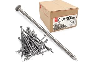Lun Fix Perni metallici 8,0 x 300 mm – 5 kg (circa 40 pezzi) chiodi in legno per lavori di costruzione, chiodi da costruzione non zincati, chiodi in acciaio da 12", lunghezza 300 mm, testa svasata