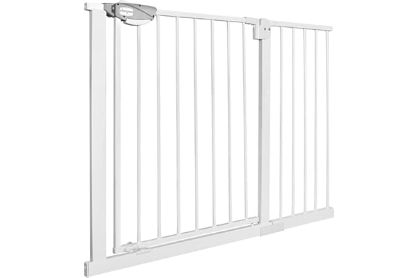 NAIZY Barrière de Sécurité pour Enfants, N Stop Safety Gate avec Portillon sans Perçage et Grille en Métal/Extensible avec Extension Séparée / 105-115 cm - Blanc