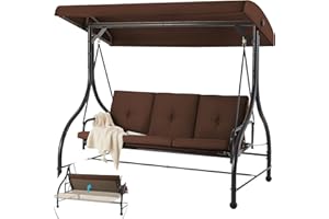 YODOLLA 3-Sitzer-Schaukel für die Veranda im Freien mit Verstellbarer Rückenlehne und Baldachin, Schaukel für die Terrasse mit abnehmbaren Kissen Schaukelbett für Veranda, Garten, Pool (Braun)