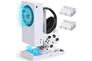 MENEEA Charger Stand with Fan Accessories for Xbox Series S Controller Charging Station and Console with Cooler, Headphone Holder, 2 x 1400mAh Rechargeable Battery (White)