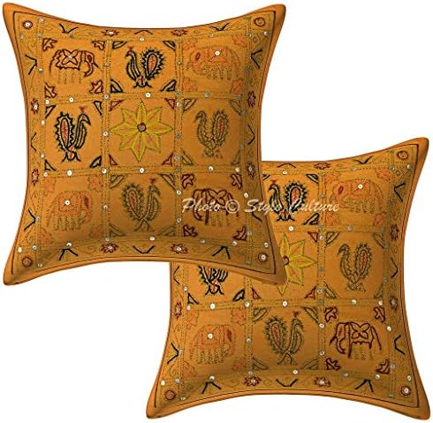 Stylo CultureStylo Culture Jaipuri Cotton Cushion Covers 16x16 Set of 2 for Sofa Ari Embroidered Blue Home Decor Home Decorative Floral Square Indoor Traditional Cushions Pillows Cover 16 by 16 Inch