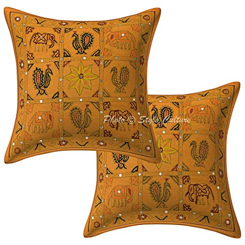 Stylo CultureStylo Culture Jaipuri Cotton Cushion Covers 16x16 Set of 2 for Sofa Ari Embroidered Blue Home Decor Home Decorative Floral Square Indoor Traditional Cushions Pillows Cover 16 by 16 Inch