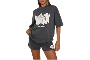 XeonZKne Women White Fox Tracksuit Sets Short Sleeve T-shirt and Shorts Summer 2 Piece Outfits Y2K Oversized Tops Streetwear