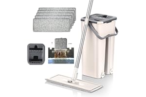 NEWTY Mopa para Limpiar Azulejos Paredes Suelos Mopa Fregona con Cubo Escurridor Fregona Plana Cubo con 6 Almohadillas Autoescurrible Parquet Madera Ventanas Mop Bucket Trapeadora Gamuza