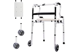 HAMON Gehhilfe für Senioren, Gehgestell Höhenverstellbar aus Aluminium mit 2 Lenkrollen, Tragbare Zusammenklappbare Gehhilfen, Gehhilfe Gehbock 6 Gang HöHenverstellung mit Abnehmbarem Sitz, bis 150 kg