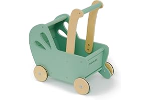 Moover Essential Dolls Pram for Toddlers, Assembly Required, Designed in Denmark from MDF, Push Along Toy, 18 Months +, 44 x 41 x 24 cm, Green and Natural Wood