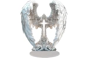 GENERIC Splendida decorazione a croce con ali d'angelo, statua commemorativa con ali d'angelo, decorazione commemorativa 2D in acrilico da parete o scrivania, ricordo religioso per casa, ufficio, chiesa