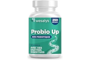 WESALYS Probiotique flore intestinale - 250 gélules - 20 souches bactériennes, Probiotiques et prebiotique, lactobacillus gasseri, Bifidobactéries, Enzymes digestives, Inuline, FOS, 20 milliards UFC