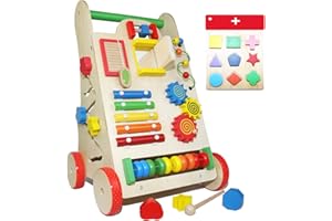 EASY FOXY TOY EasY-FoxY-ToY Trotteur Bebe Jouets en Bois Stable Cube d'Activité pour Fille Garçon 1 2 3 Ans, Baby Walker Porteur pour les enfants Éducatifs 7 en 1 Premiers Pas Aide à la marche avec motricité cadeau