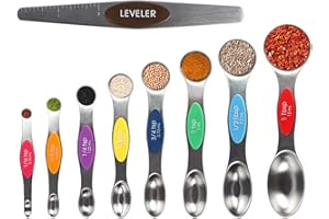 Magnetic Measuring Spoons Sets of 9, WOVTE Dual Sided Stainless Steel Stackable Teaspoon Tablespoon with Colorful Scale and Leveler, Fits in Spice Jars for Measuring Dry and Liquid Ingredients