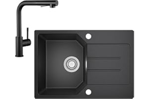 ANYCEE 65x45 cm Spülbecken Granit mit Armatur, Granitspüle Schwarz mit Abtropffläche für ab 40er Unterschrank, Küchenspüle inkl 80% Quarzsand,Siphon & Über