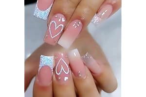 Moguri® 24 sztuki średniej wielkości francuskich gwoździ, kwadratowe gwoździe do nanoszenia średniej długości – gwoździe z francuską końcówką do wciskania w kształcie serca, błyszczące różowe