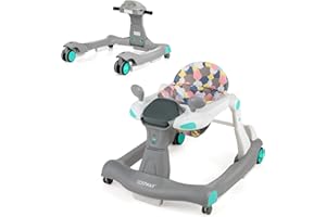 COSTWAY Trotteur Bébé Pliable 2 en 1 avec Hauteur Réglable, Marchette Evolutif Bébé avec Boîte à Musique et Lumières, Coussin de Siège Lavable pour Enfants de 6 à 18 Mois Jusqu'à 15 KG (Gris)