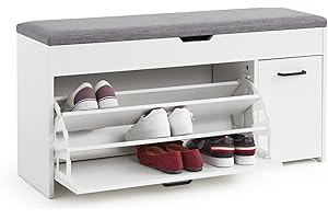Meerveil Shoe Bench with Seat, Shoe Bench with Storage and Flip-up Drawer, Wooden Industrial Style for Hallway Entryway, W100 x H52 x D30 cm, White