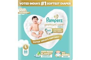 Pampers Premium Care Pant Style Baby Diapers L 88 Count | No Marks Design | Voted India’s #1 Softest Diaper | All in 1 diaper with 360 Cottony Softness