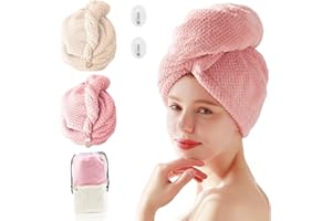 DEVASO Asciugamano Turbante, 3 Pcs in Microfibra, con Bottoni, Asciugatura Rapida Super Assorbente, Capelli Lunghi, Tutti i Tipi, Rosa, Grigio, Castano