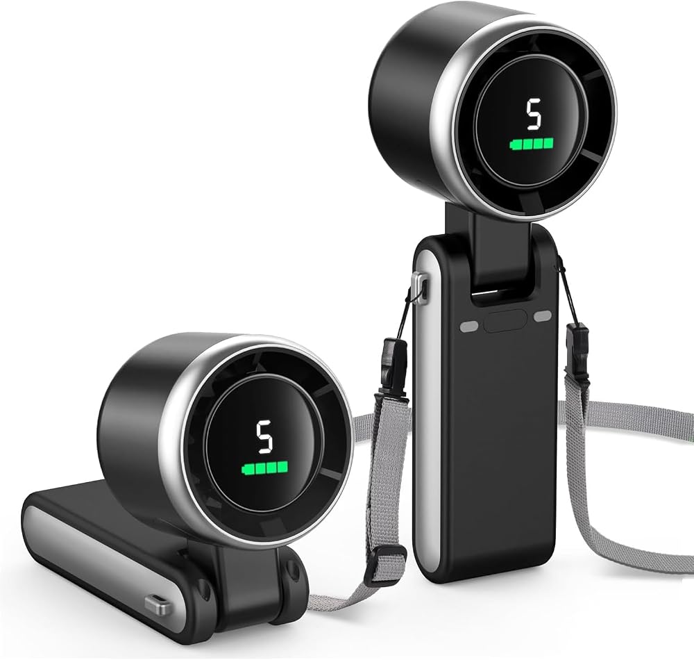 ROBEVE Blic BWFN22 Turbo El Vantilatörü Mini Fan Vantilatör Katlanabilir 3’ü 1 Arada Taşınabilir Fan 5 Kademeli LED Ekranlı USB-C Şarjlı Mini Vantilatör Boyun Askılı Masaüstü Kullanım (Siyah)