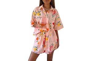 FELCIA Women's Oversized 2 Piece Outfits Fashion Printed Short Sleeve Button Down Shirt Shorts Co Ord Set Summer Streetwear Beachwear