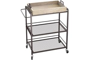 BAKAJI Carrello Cucina 3 Ripiani Industrial con Ruote Girevoli e Vassoio Colazione Legno removibile, Carrellino Salvaspazio, Multiuso, Trolley Estetista, Struttura Metallo, 65 x 33 x 91H cm (Bronzo)