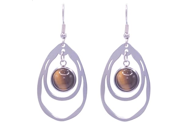 NILUXE DESIGN -Boucles d'oreilles pierres naturelles - Boucles d'oreilles pendantes forme goutte femme - Talisman pierres semi-précieuses en acier inoxydable plaqué pierre naturelle (Oeil de Tigre)