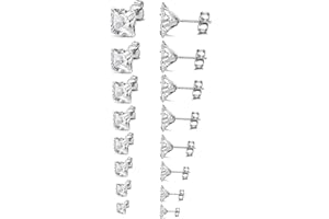 JewelryWe 8 Pairs Mens Womens Stud Earrings Stainless Steel with Square Cubic Zirconia Silver Tone Ear Studs (3-10MM)