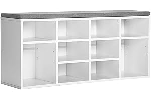 LZ LEISURE ZONE Leisure Zone White Wooden Shoe Bench Storage, Shoe Cabinet Rack Cupboard Organizer with Seat Cushion for Hallway, Size:W104 x D 30 x H48 cm (10 Grids)
