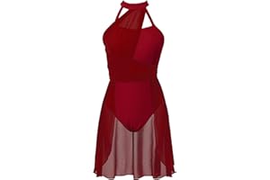 Agoky Abito da Pattinaggio Artistico sul Ghiaccio Donna Chiffon Patchwork Vestito Danza Classica Abito da Ballo Leotards Body da Balletto Senza Manica Jazz Danza Moderna