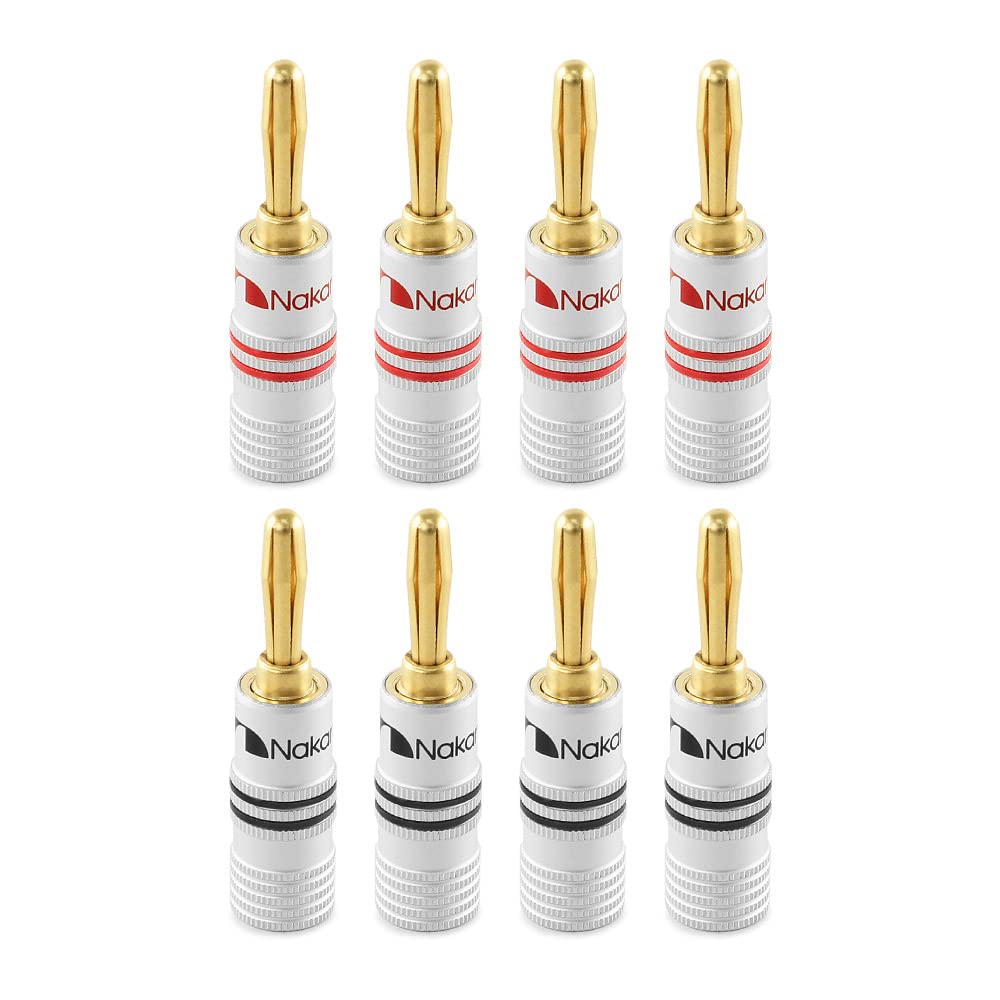Nakamichi Excel Series 24k Gold Plated Banana Plug 12 AWG - 18 AWG Gauge Size 4mm for Speakers Amplifier Hi-Fi AV Receiver Stereo Home Theatre Audio Wire Cable Screw Connector 8 Pcs (4-Pairs)