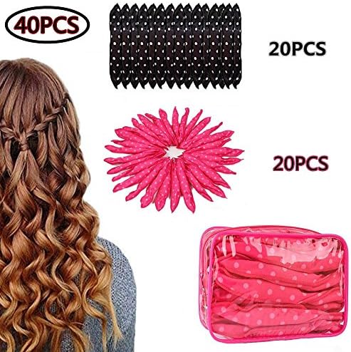 40 Packs Soft Pillow Hair Rollers Curlers Foam Soft Sponge Sleep No Heat Magic Hair Styling DIY Tool for Long Medium Wavy, Tight, Spiral Curls Hair + Free package bag (Pink 20pcs + Black 20pcs))