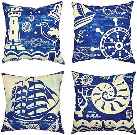 UCKPICASE Nautical Cotton Linen Decorative Throw Pillow Case Cushion Cover Pillowcase for Sofa 18 x 18 Inch, Set of 4