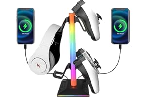 LOUIKAY RGB Porta Cuffie e Joystick Con 10 Modalità di Illuminazione, 2 USB & Type C Trasferimento Dati, Supporto LED Gaming Stand Accessori Scrivania per Tutte le Cuffie