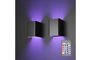 UNISOPH 2Pcs LED Wall Lights Indoor, Up Down Wall Lamp Dimmable Modern Wall Lights with Remote, 5W RGB Color LED Sconce Wall Lighting Mood Light for Bedroom, Living Room, Hallway, Black